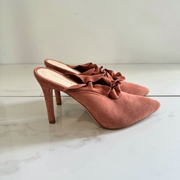 Loeffler Randall Langley Heel Suede Ruffle Mules Dusty Rose - Picture 4 of 7